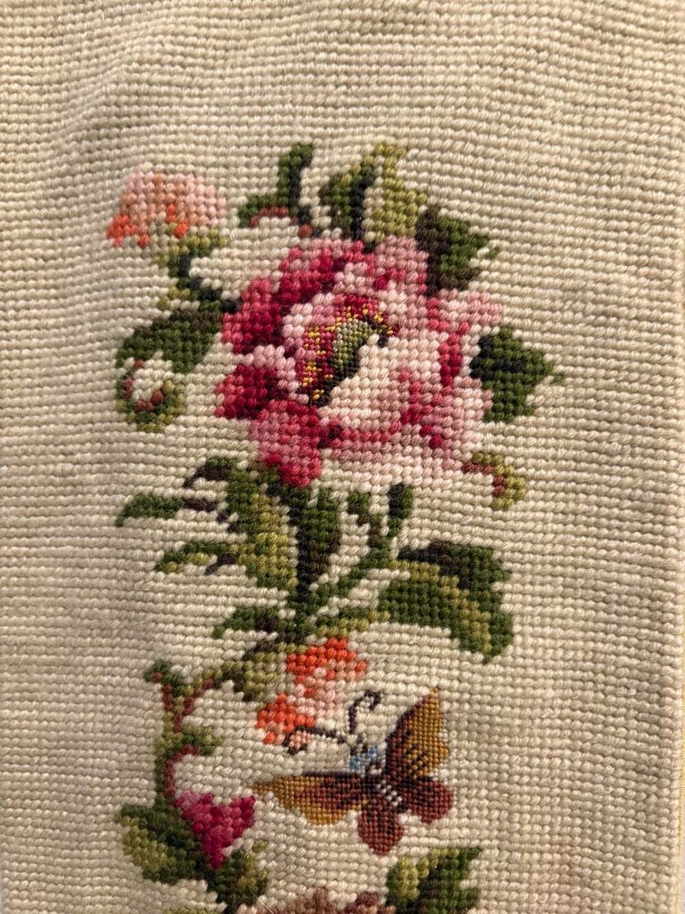Vintage Needlepoint Bell Pull Cream Pink Flowers Green Leaves Wall Hanging